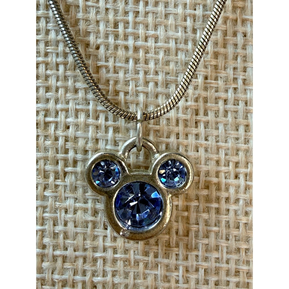 Disney Mickey Mouse Blue Crystal Pendant Necklace Silver Tone Snake Chain 17in